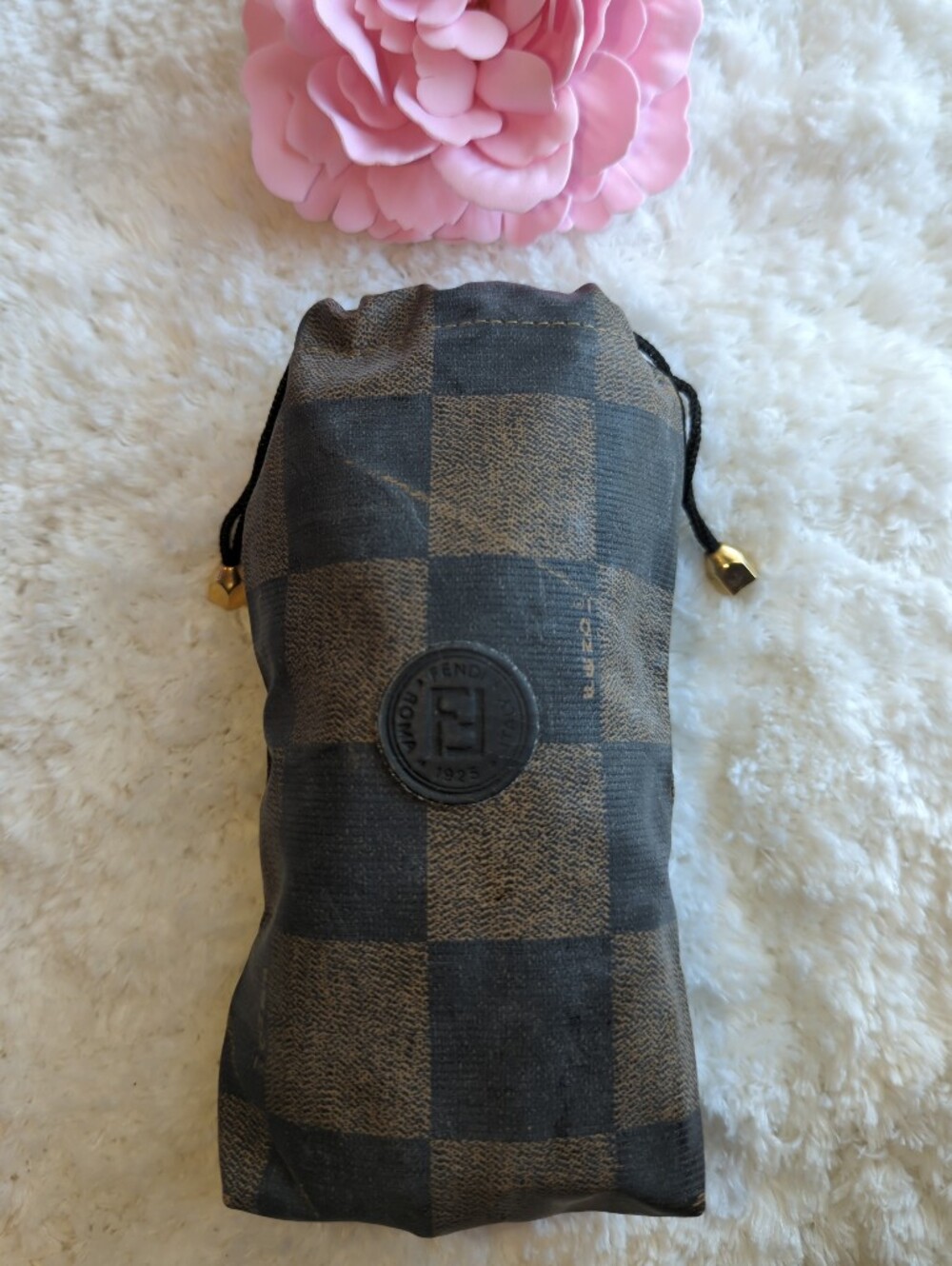 Fendi Vintage Brown and Black Checkered Drawstring Pouch For Phone Sunglasses